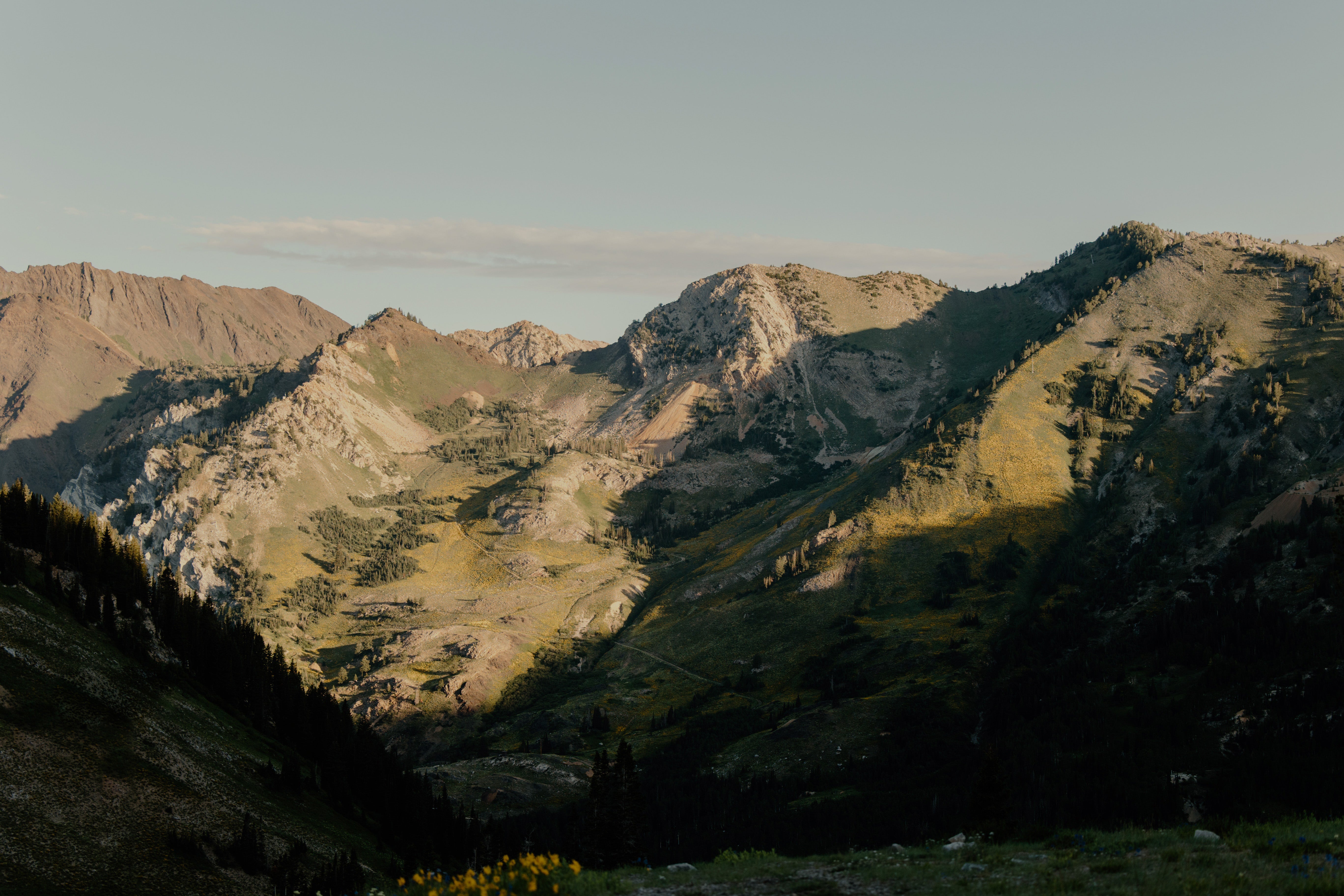 mountains with trees and shadows, view of mountain skyline