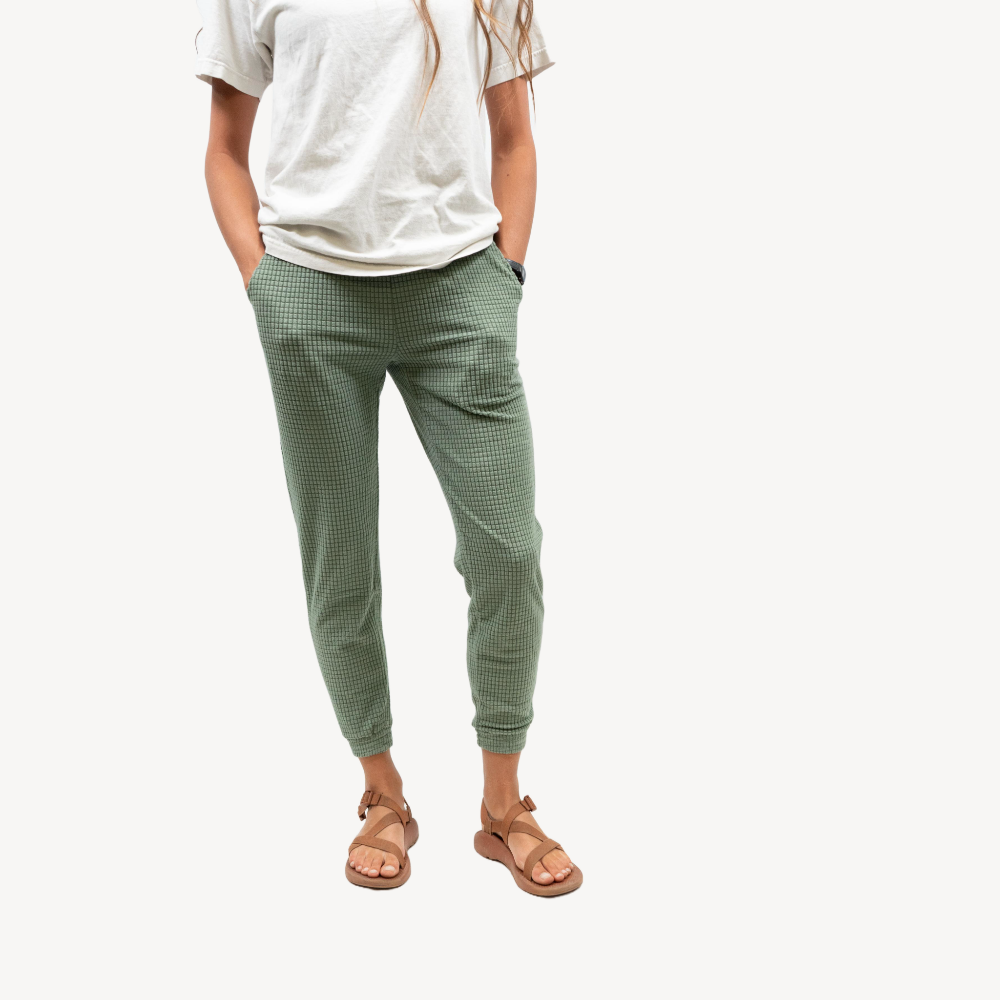 women's sage green grid fleece joggers