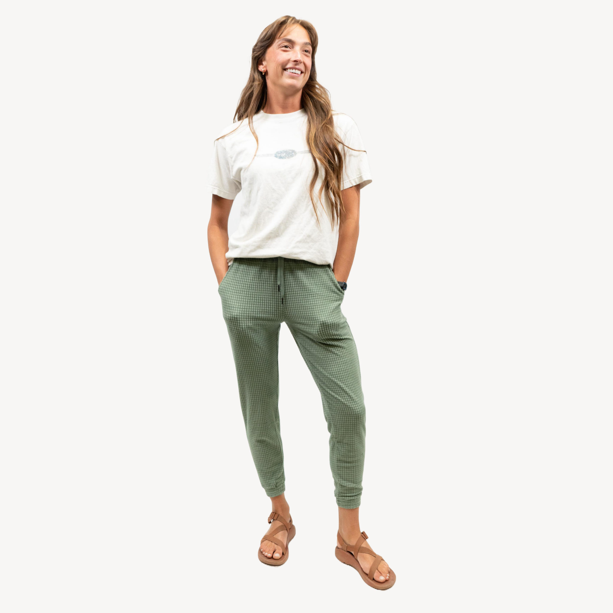 women's sage green grid fleece joggers
